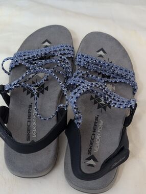 Skechers Women's Gray and Blue Braided Strap Memory Foam Sandals